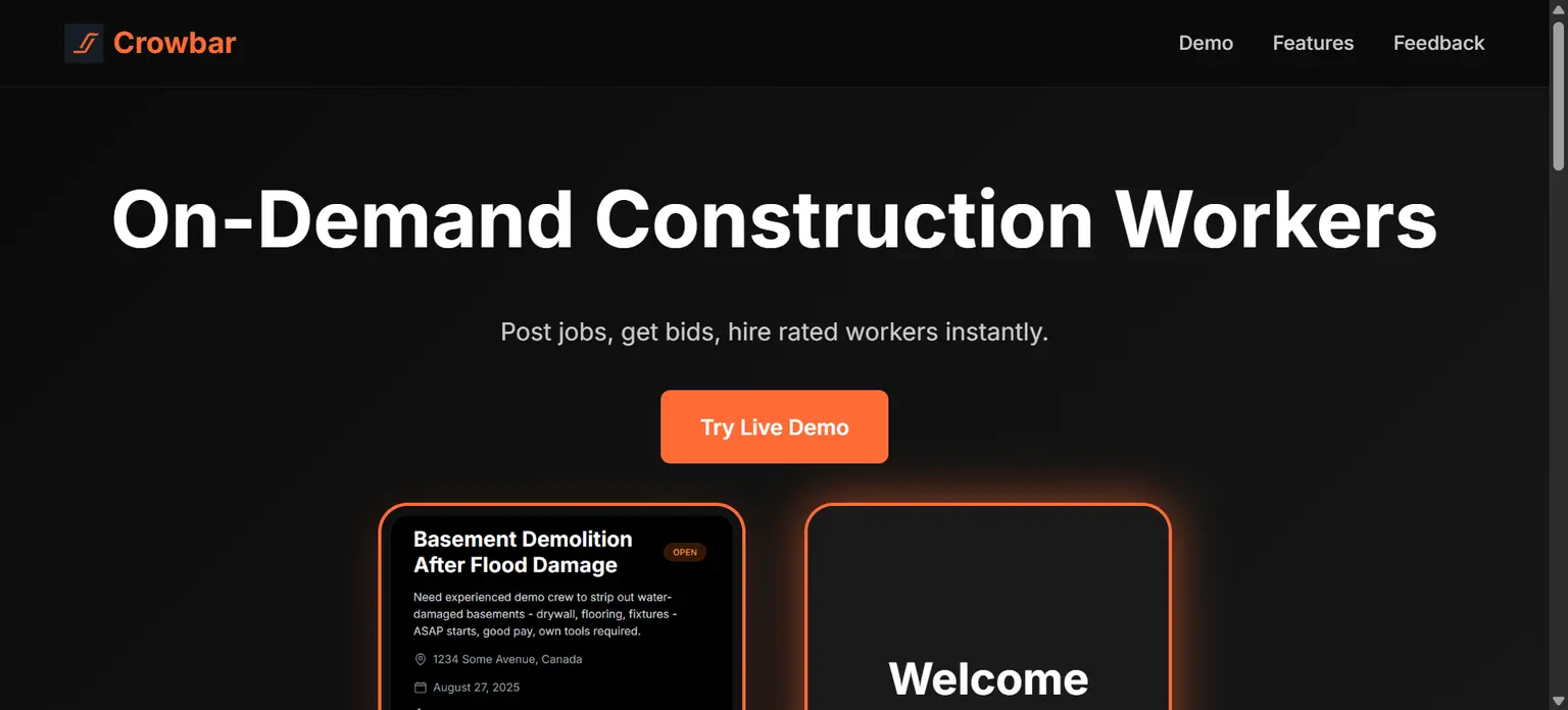 Crowbar (landing page and mobile app) screenshot